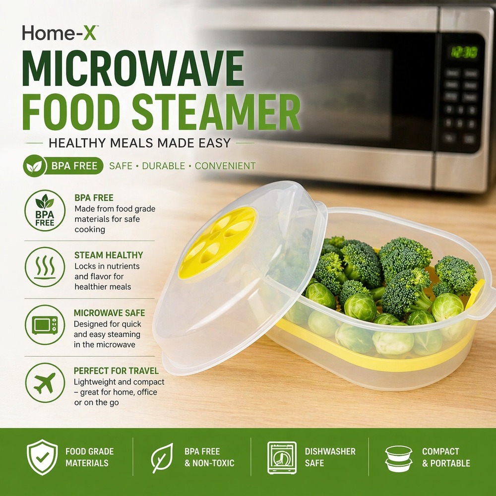 Home-X Microwave BPA Free Plastic Steamer 1 Tier Vegetable Fish Cooker‎ Yellow